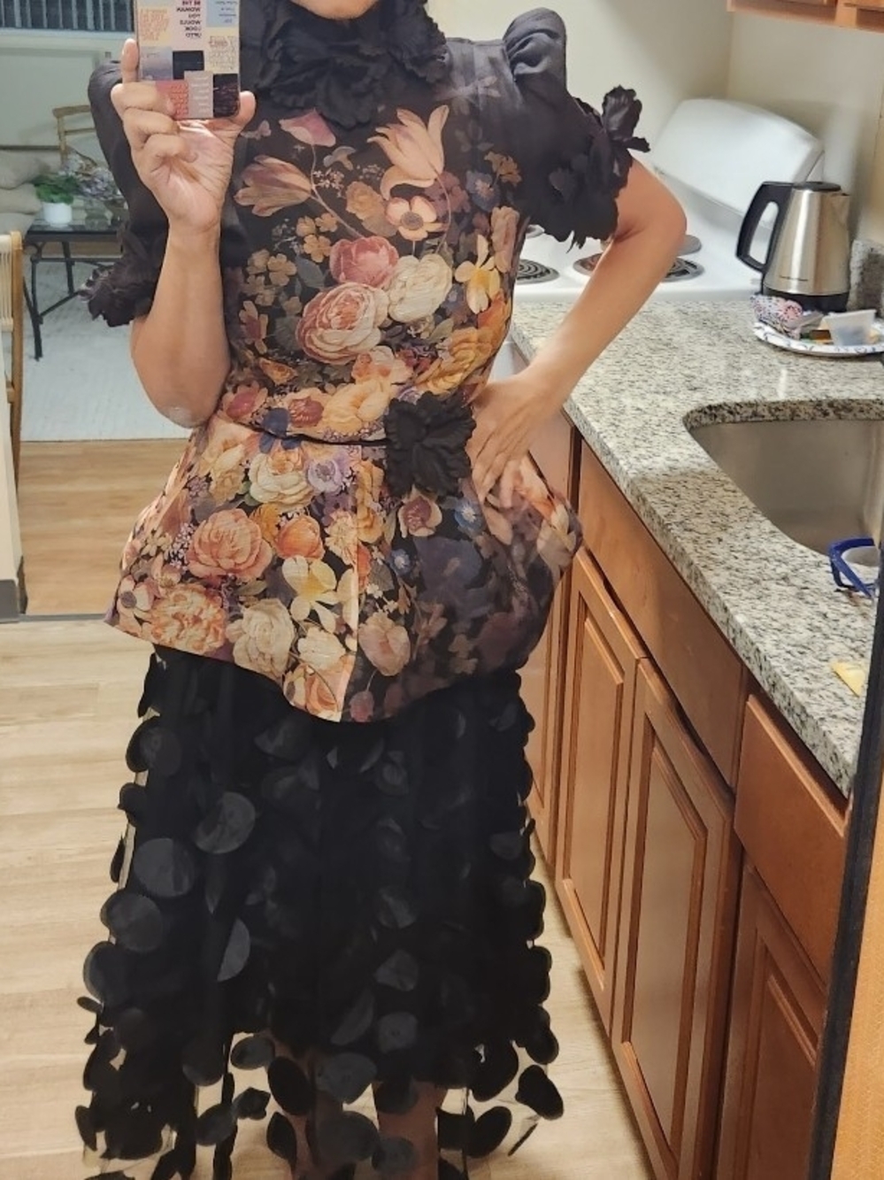 Zimmermann Black Textured Midi Skirt with Floral Peplum Blouse